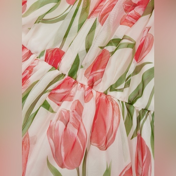 Fehaute Pink Pleated Floral Chiffon Halter Sleeveless A-Line Maxi Dress NWT | 10 - Picture 9 of 10